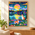 Sunset lake cats diamond painting displayed as home decor