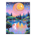 White cat beside a lake beneath a striped planet, original artwork on a white background