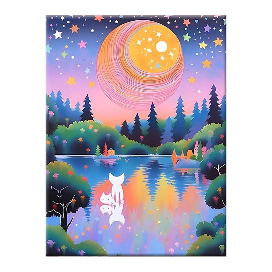 White cat beside a lake beneath a striped planet, original artwork on a white background