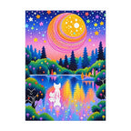 White cat beside a lake beneath a striped planet, finished diamond painting on a white background