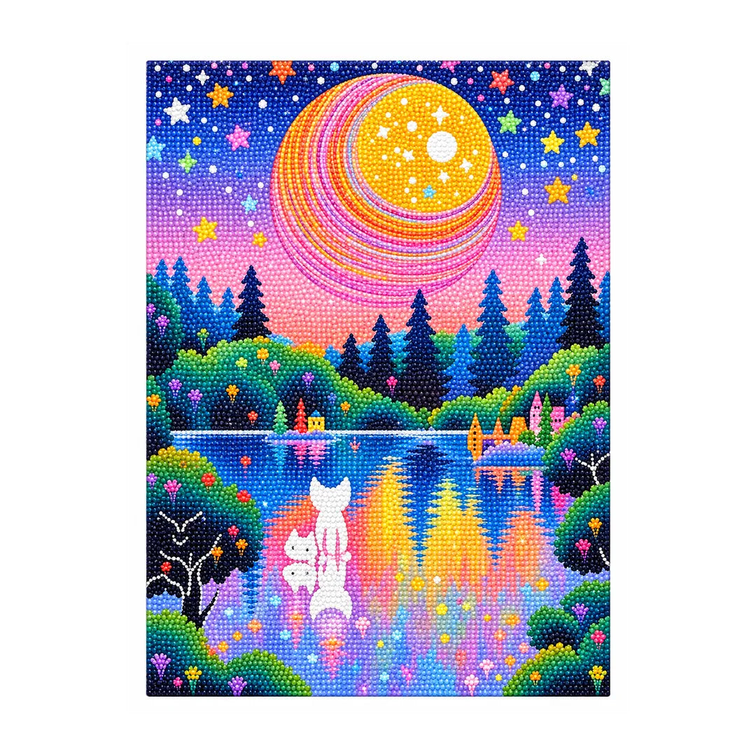 White cat beside a lake beneath a striped planet, finished diamond painting on a white background