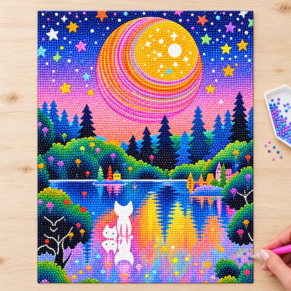 Diamond painting process showing the white cat and striped planet design being completed with a stylus