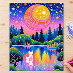 Diamond painting process showing the white cat and striped planet design being completed with a stylus