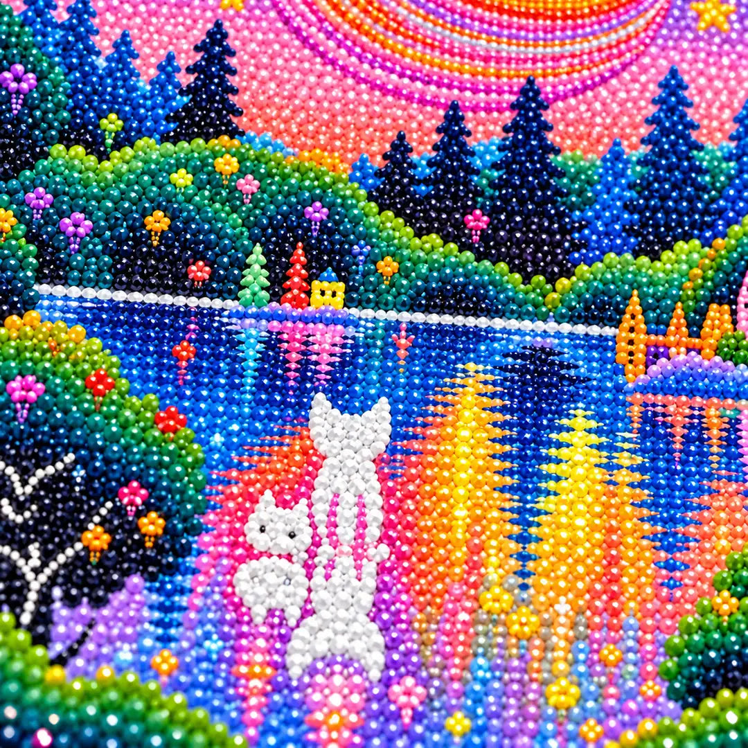 Close-up of the white cat and starry striped planet reflected in the lake