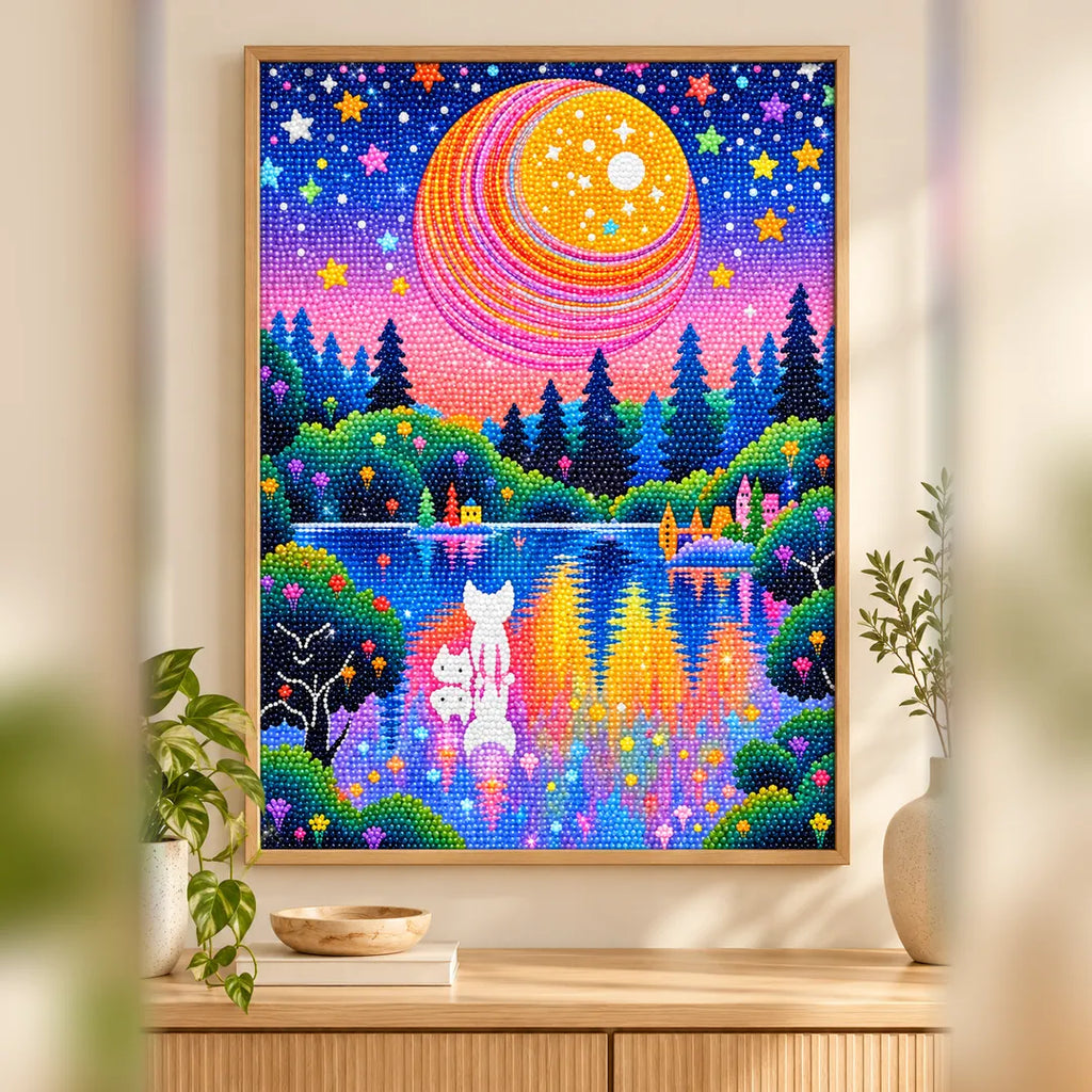 White cat beneath a striped planet diamond painting displayed as home decor