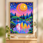 White cat beneath a striped planet diamond painting displayed as home decor