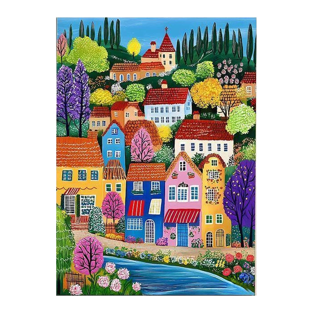 tuscan river village original artwork on a white background