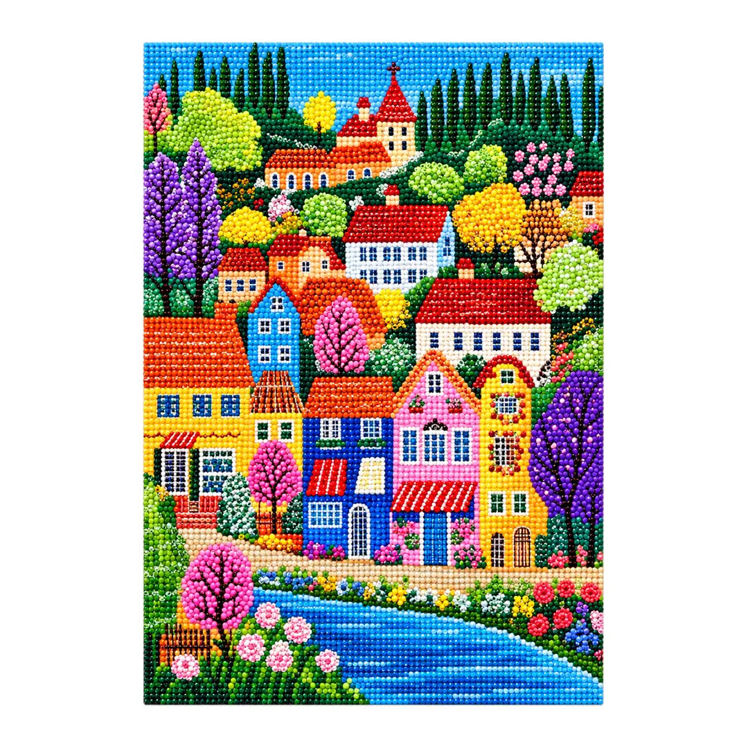 tuscan river village diamond painting finished artwork on a white background