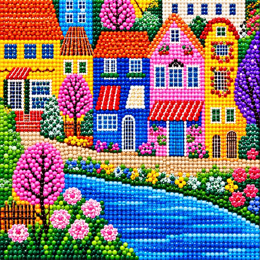 Close-up detail of tuscan river village diamond painting drills
