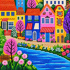Close-up detail of tuscan river village diamond painting drills