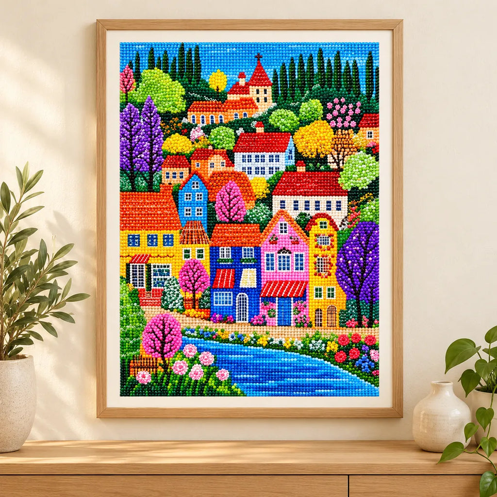 tuscan river village diamond painting displayed in a home