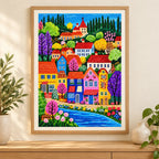 tuscan river village diamond painting displayed in a home