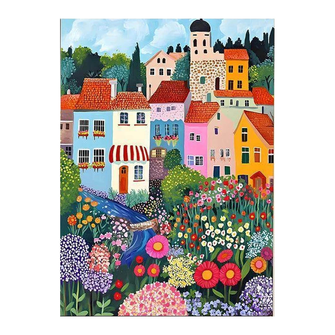 wildflower river cottage village original artwork on a white background