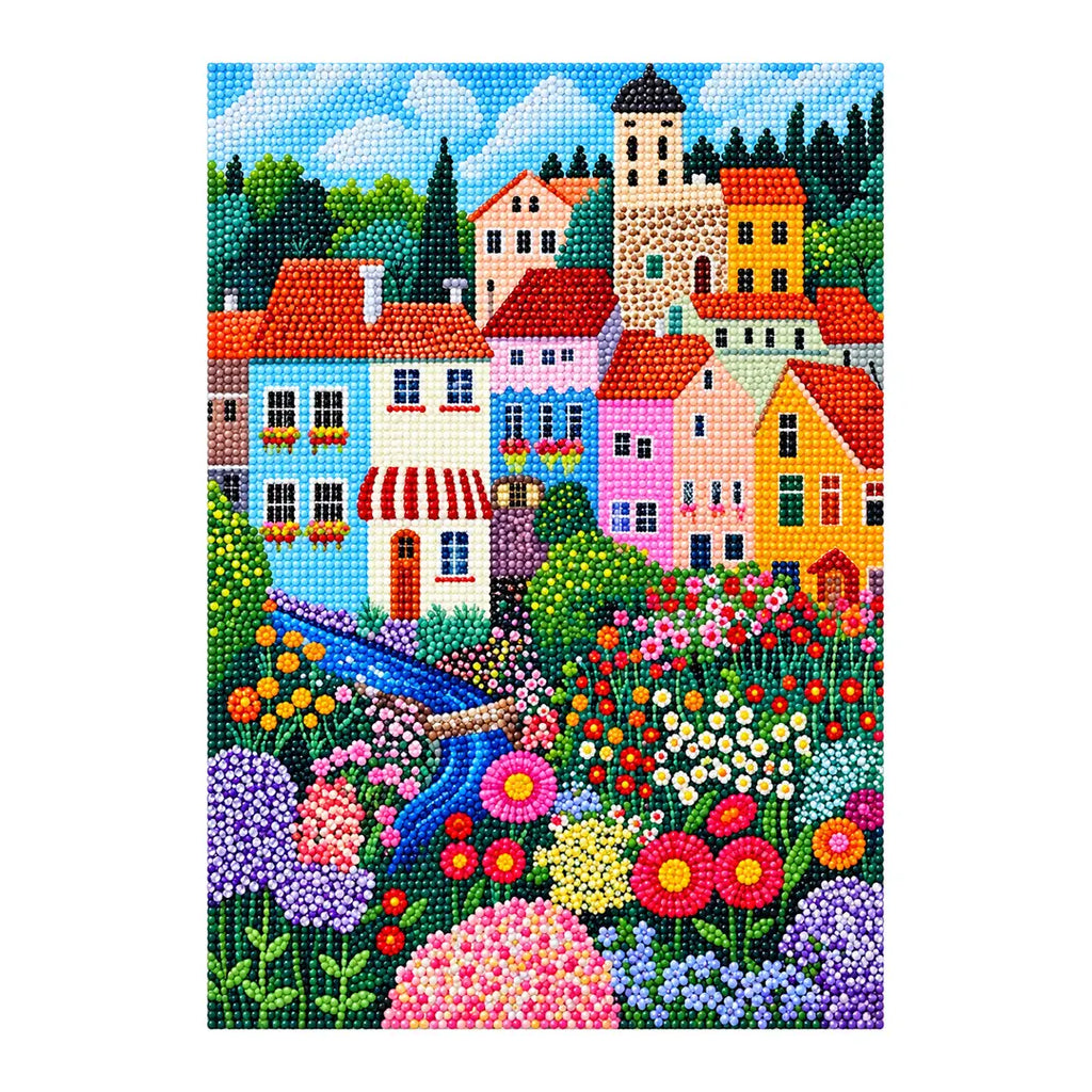 wildflower river cottage village diamond painting finished artwork on a white background