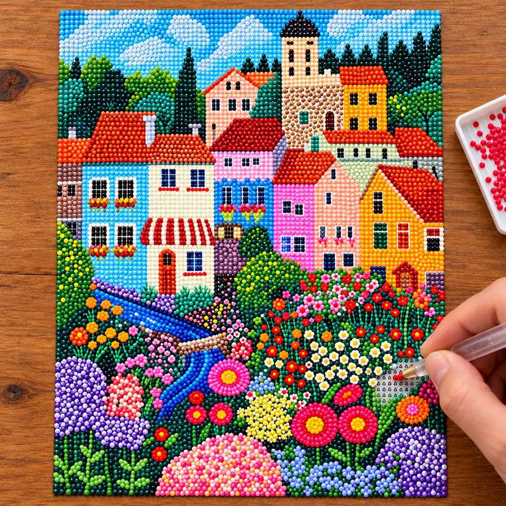 wildflower river cottage village diamond painting process