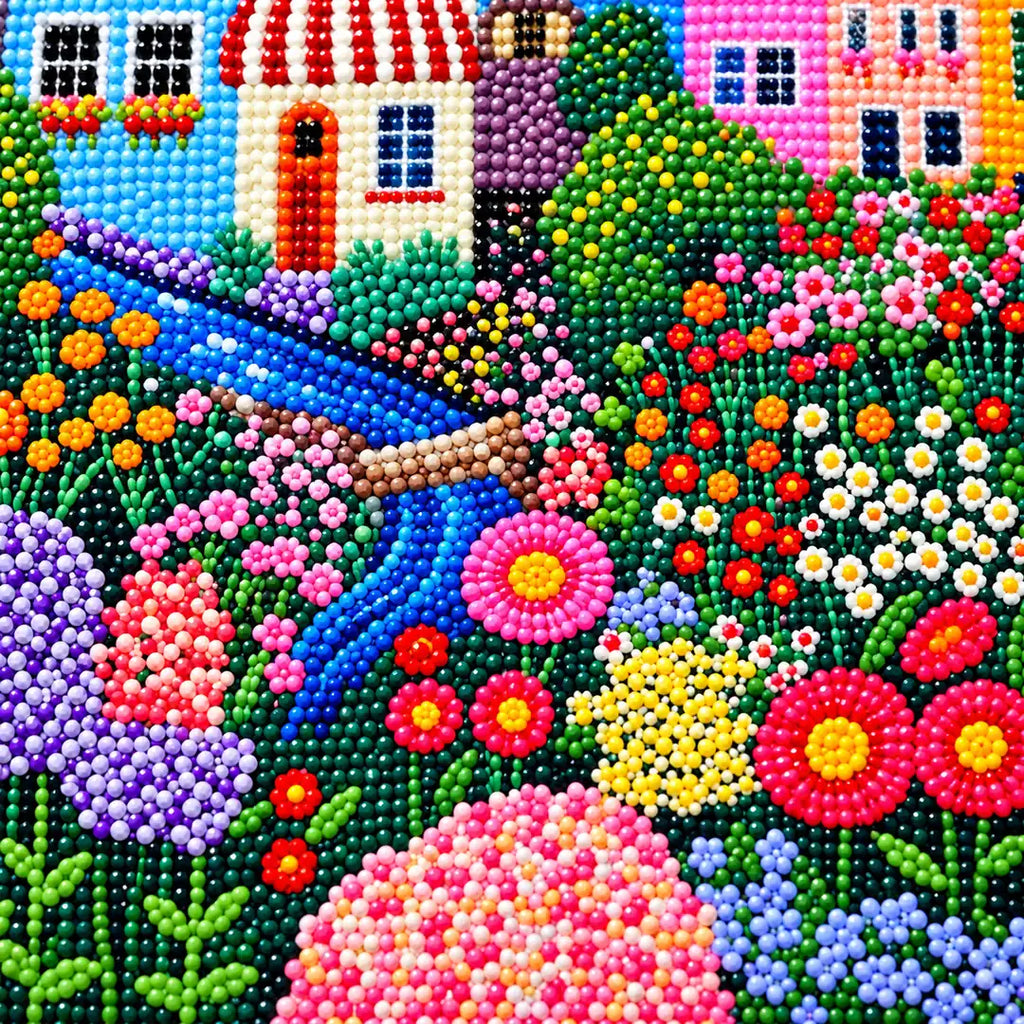 Close-up detail of wildflower river cottage village diamond painting drills