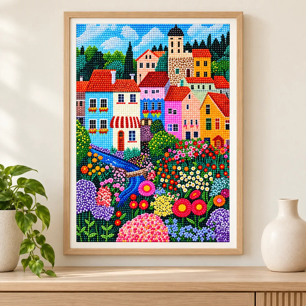 wildflower river cottage village diamond painting displayed in a home