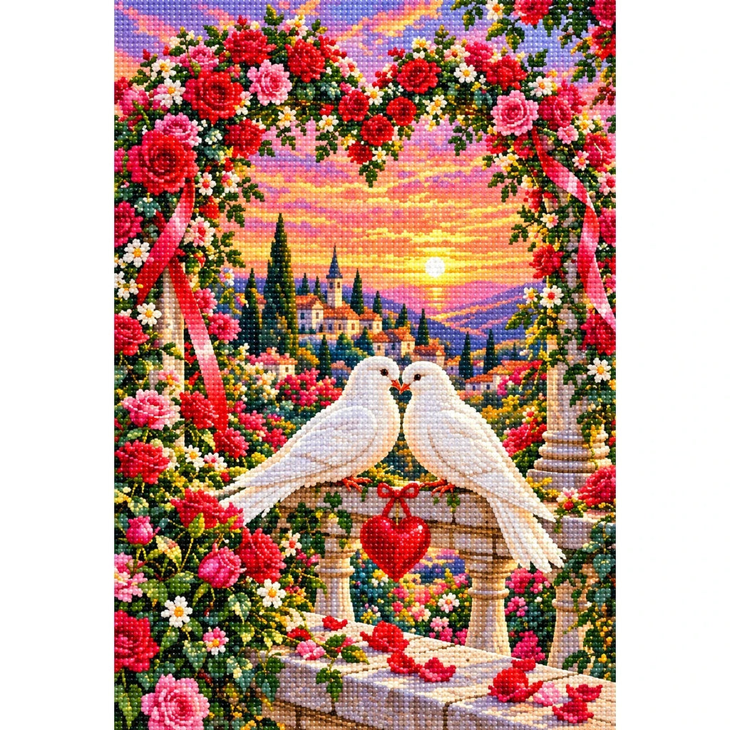 Valentines Doves Heart Rose Arch — finished diamond painting on a white background