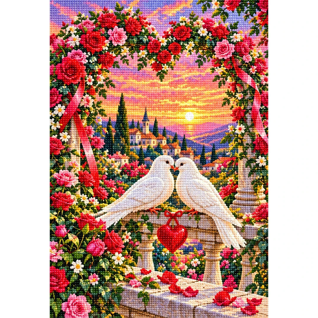 Valentines Doves Heart Rose Arch — finished diamond painting on a white background