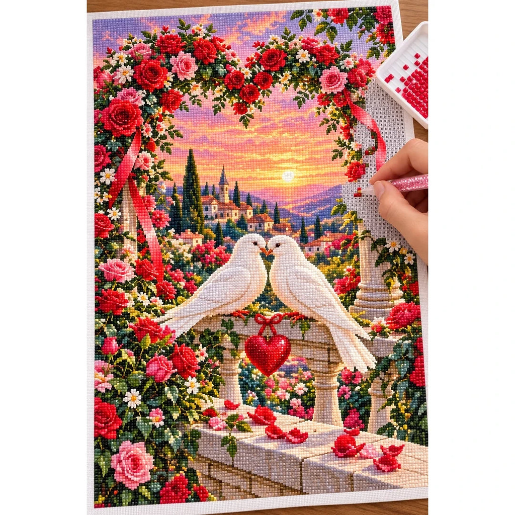 Valentines Doves Heart Rose Arch — diamond painting process with applicator pen