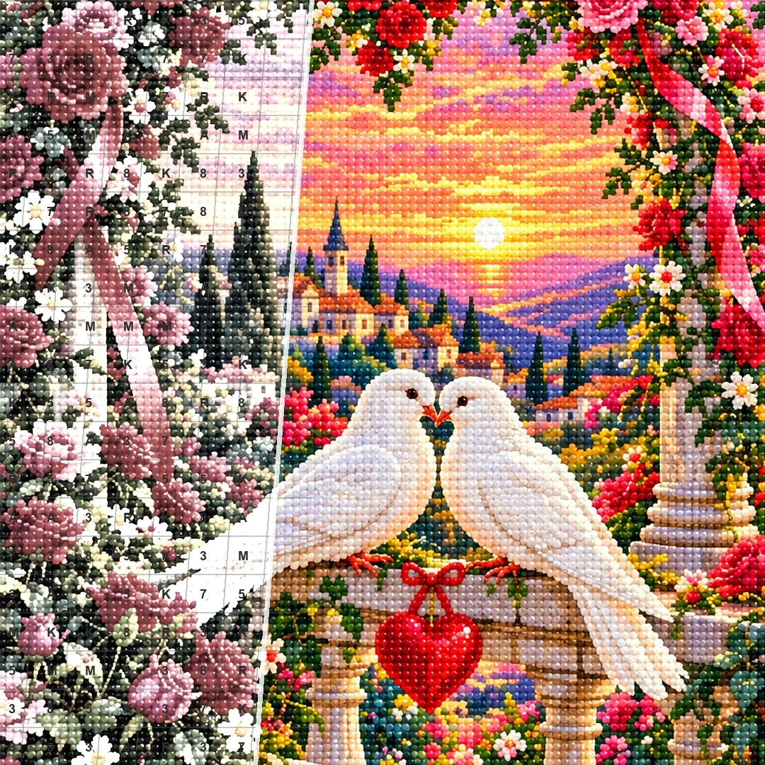 Valentines Doves Heart Rose Arch — close-up canvas and resin drill detail