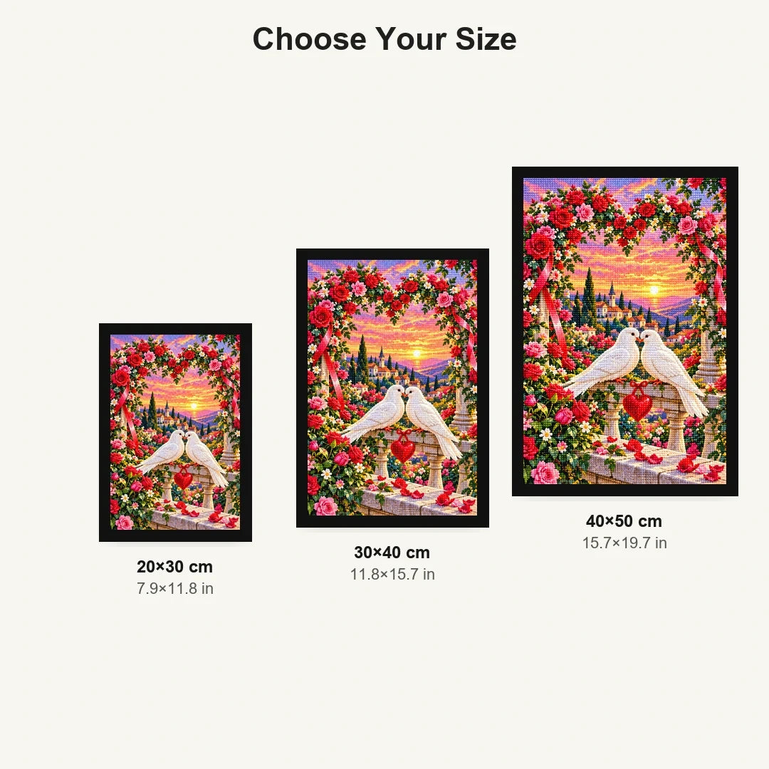 Valentines Doves Heart Rose Arch — size comparison for 20 × 30, 30 × 40 and 40 × 50 cm