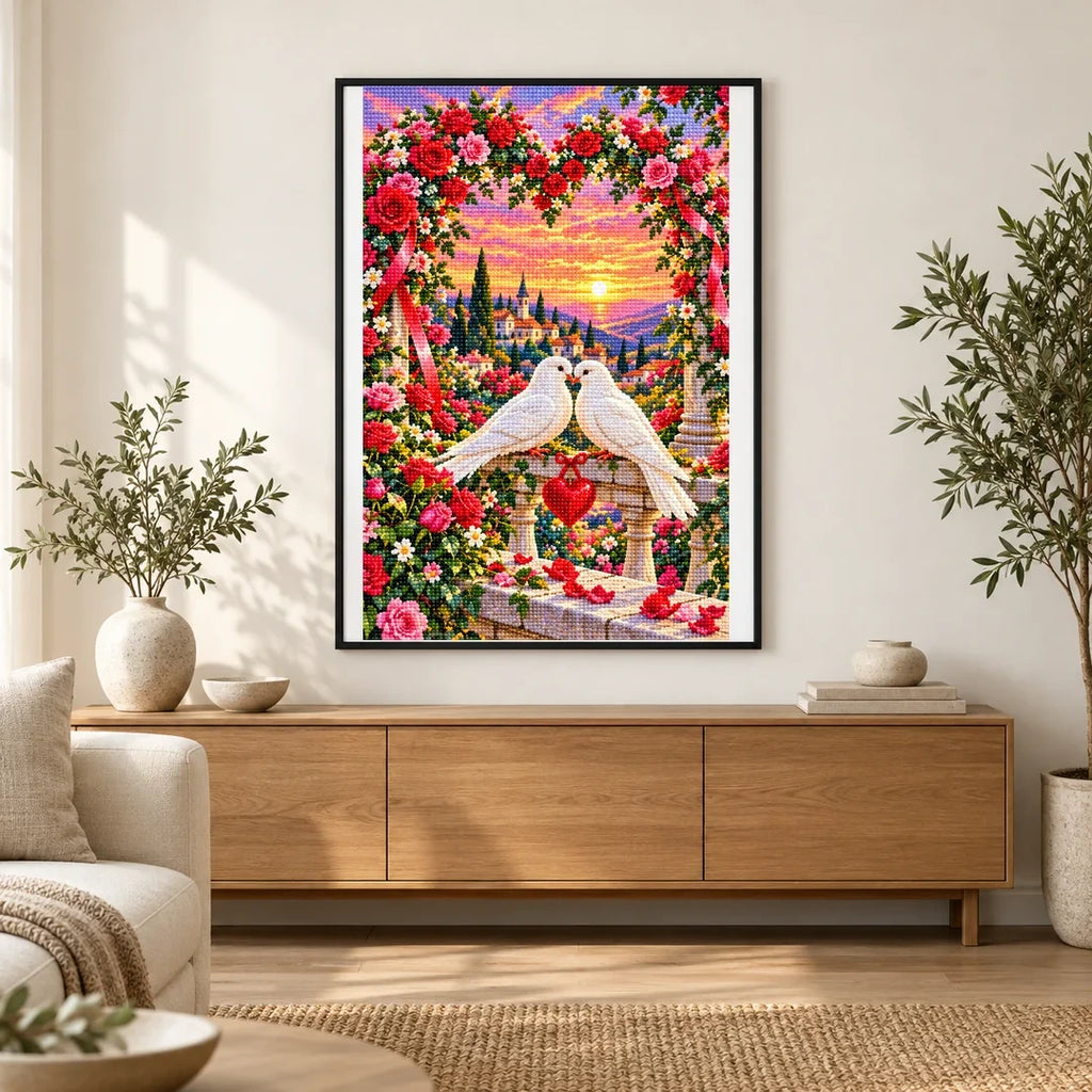 Valentines Doves Heart Rose Arch — finished diamond painting displayed in a home interior