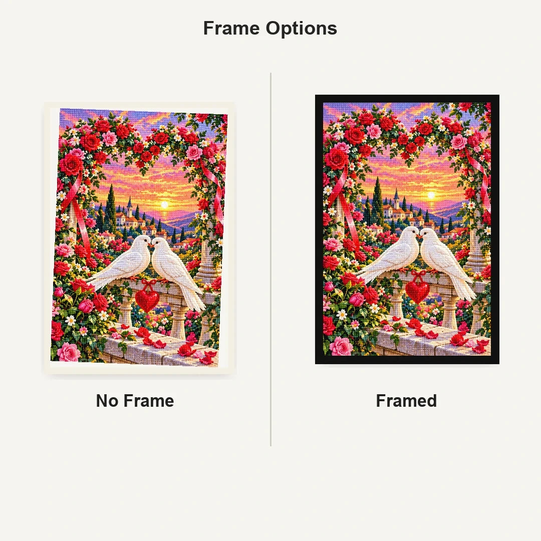 Valentines Doves Heart Rose Arch — No Frame and Framed style comparison