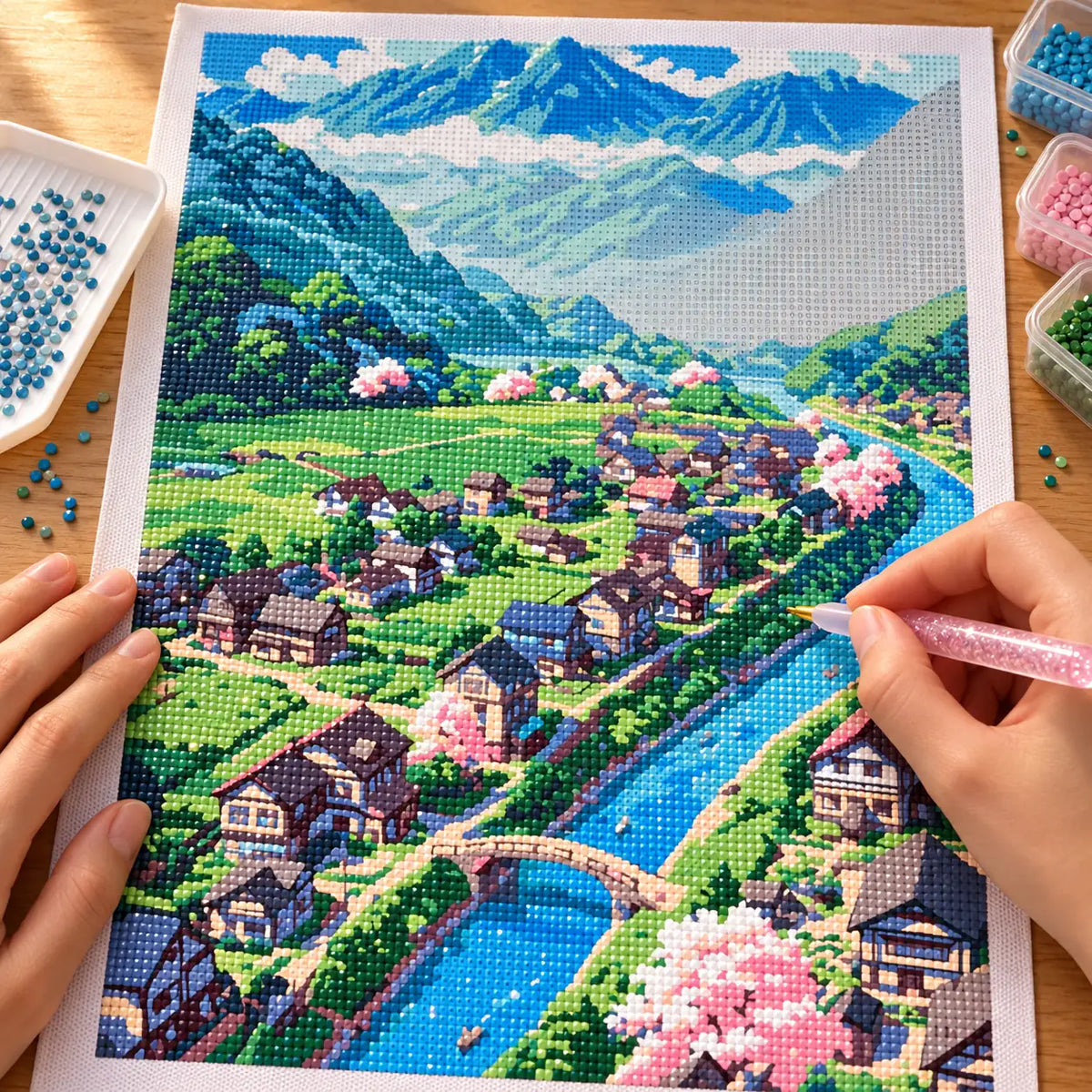 Hands placing diamond drills while working on the Valley Of Blossoms diamond painting.