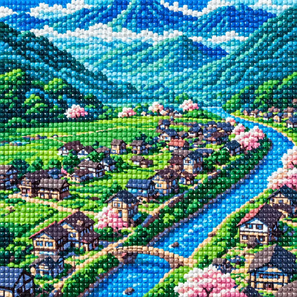 Close-up of the sparkling drill texture in the Valley Of Blossoms diamond painting.