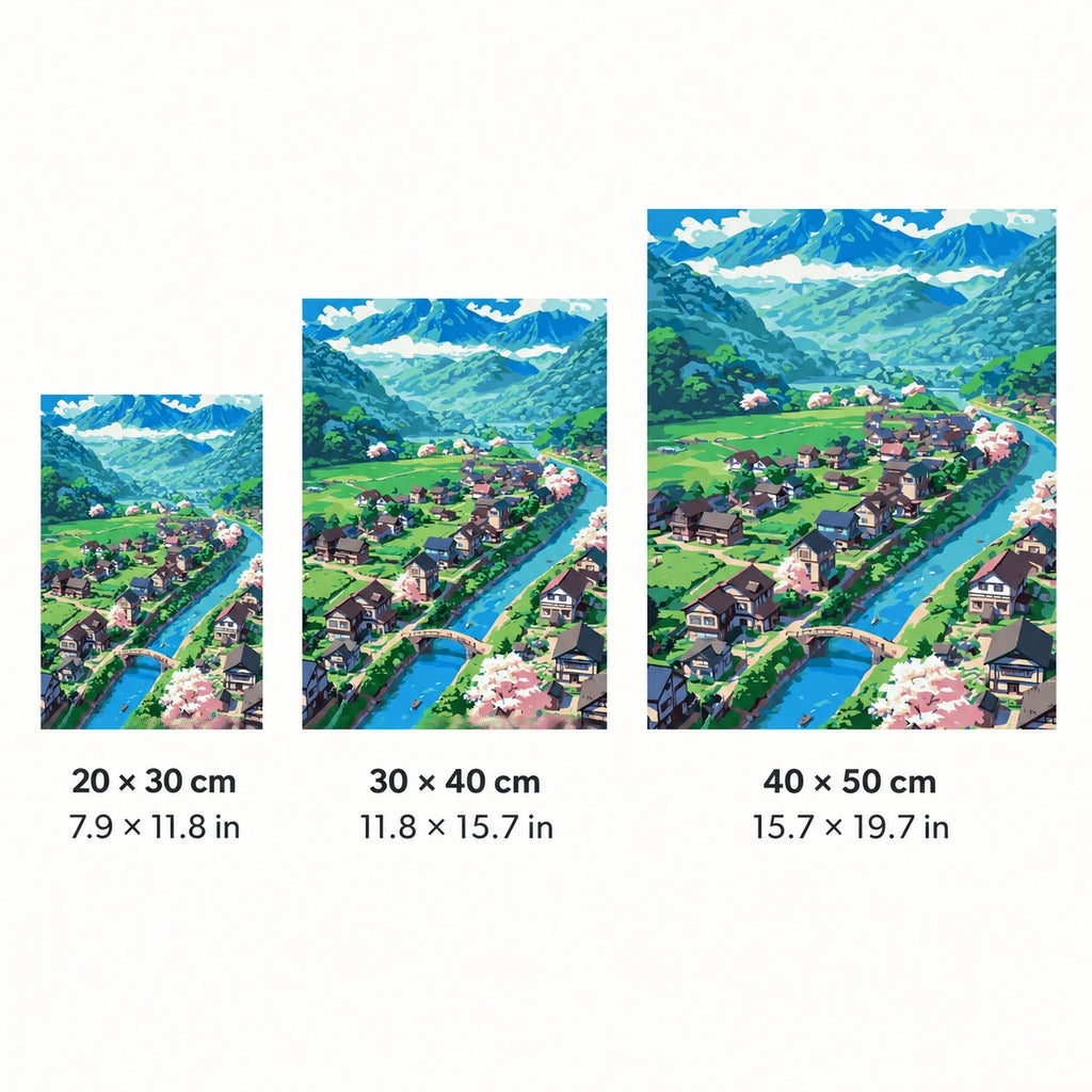 Size guide for Valley Of Blossoms Diamond Painting Kit: 20 × 30, 30 × 40, and 40 × 50 cm.
