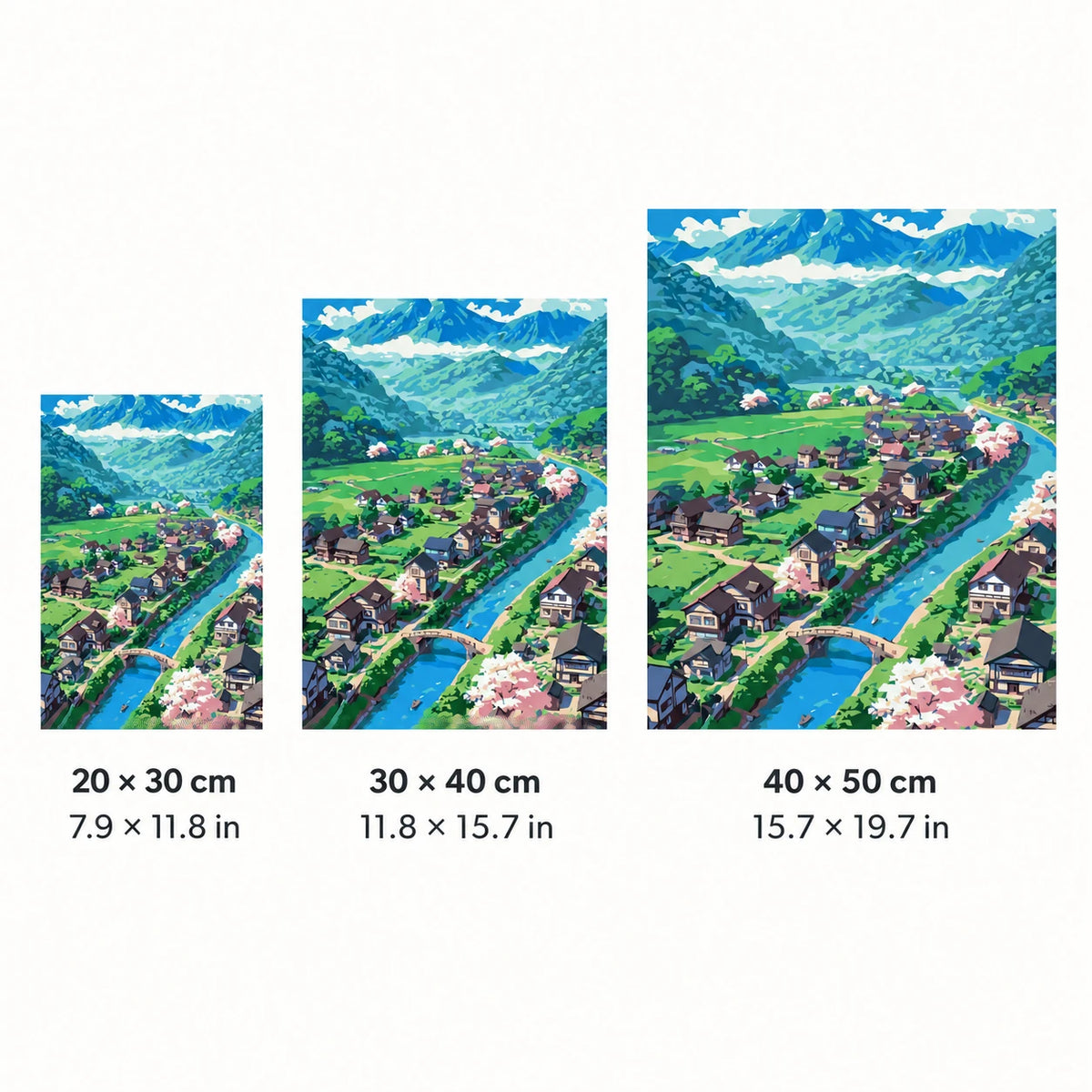 Size guide for Valley Of Blossoms Diamond Painting Kit: 20 × 30, 30 × 40, and 40 × 50 cm.