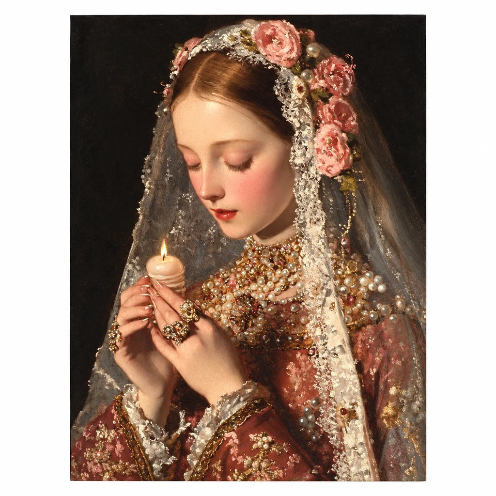 Original artwork for Veiled Candle Prayer Diamond Painting Kit, showing a veiled woman holding a lit candle among warm golden flowers.