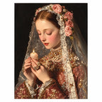 Original artwork for Veiled Candle Prayer Diamond Painting Kit, showing a veiled woman holding a lit candle among warm golden flowers.