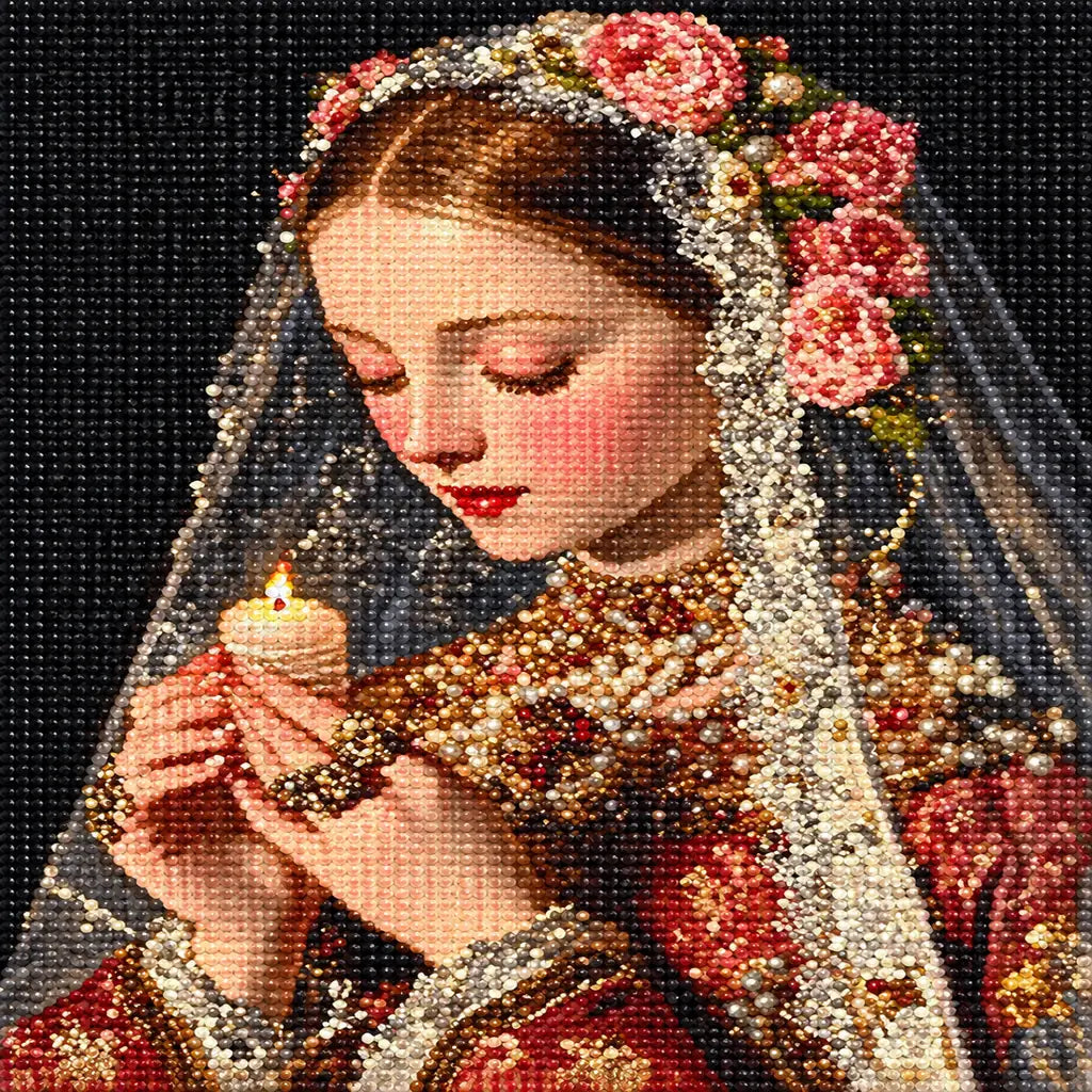Finished diamond painting of a veiled woman holding a lit candle among warm golden flowers.
