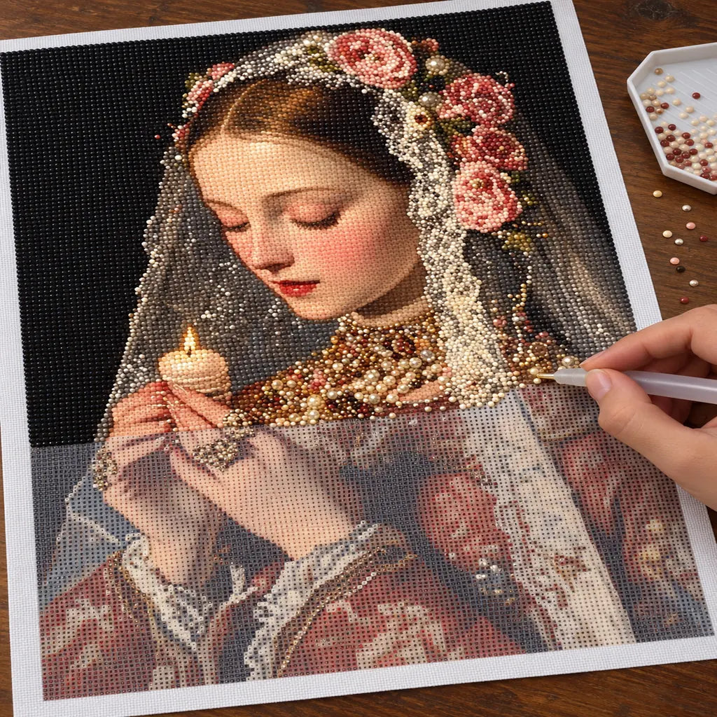 Diamond painting process for Veiled Candle Prayer, with drills being placed over a veiled woman holding a lit candle among warm golden flowers.