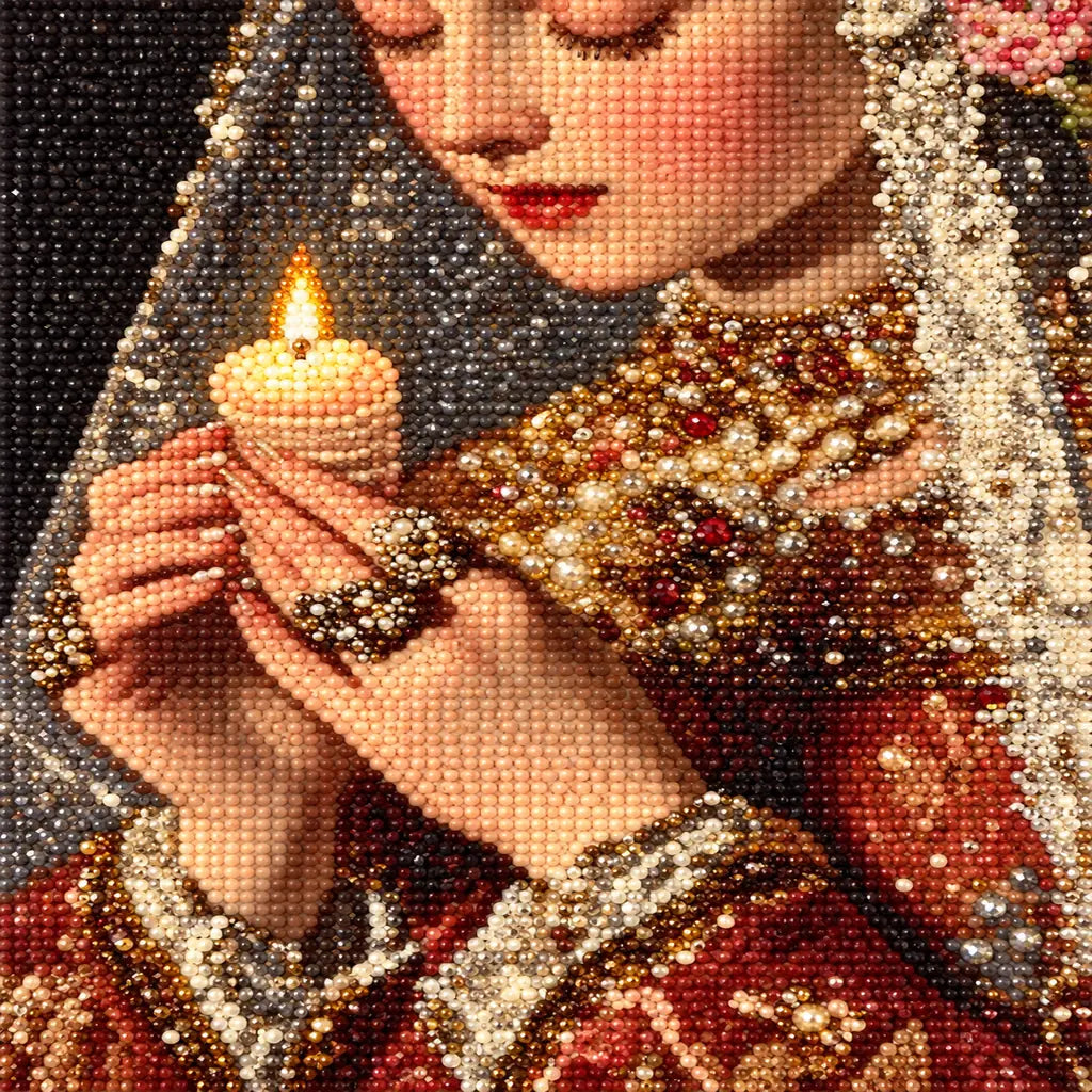 Close-up of diamond drill texture across a veiled woman holding a lit candle among warm golden flowers.