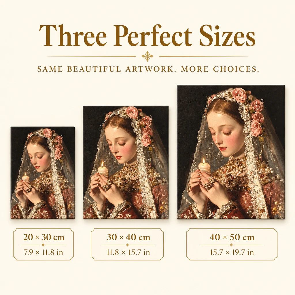 Size guide for Veiled Candle Prayer: 20 × 30 cm, 30 × 40 cm, and 40 × 50 cm.