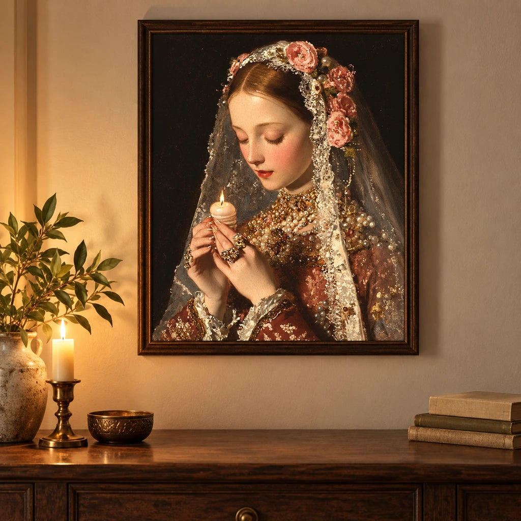 Home decor scene showing Veiled Candle Prayer artwork displayed on a wall.