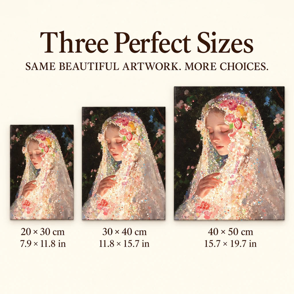 Size guide for Veiled Floral Prayer: 20 × 30 cm, 30 × 40 cm, and 40 × 50 cm.