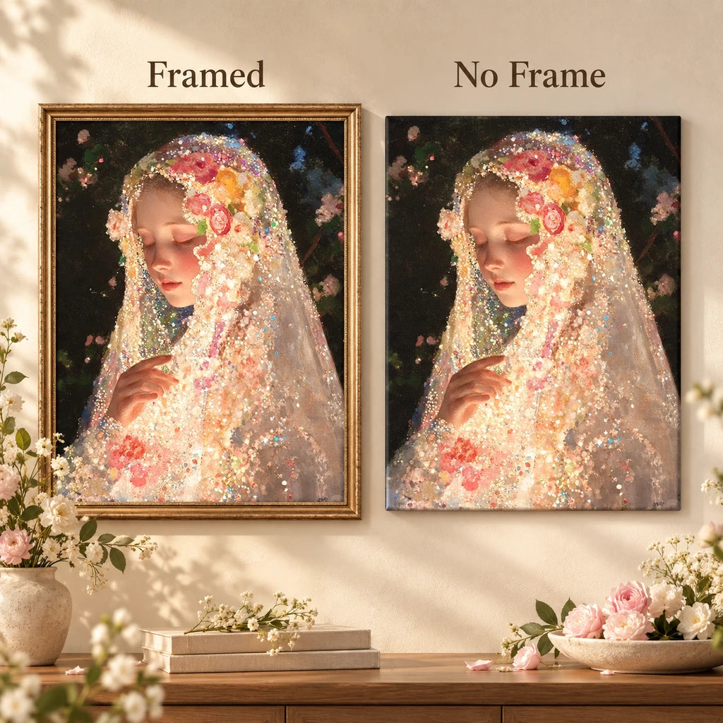 Framed and no-frame comparison for Veiled Floral Prayer artwork.