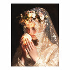 Original artwork for Veiled Glowing Shell Diamond Painting Kit, showing a veiled woman holding a glowing shell decorated with flowers.