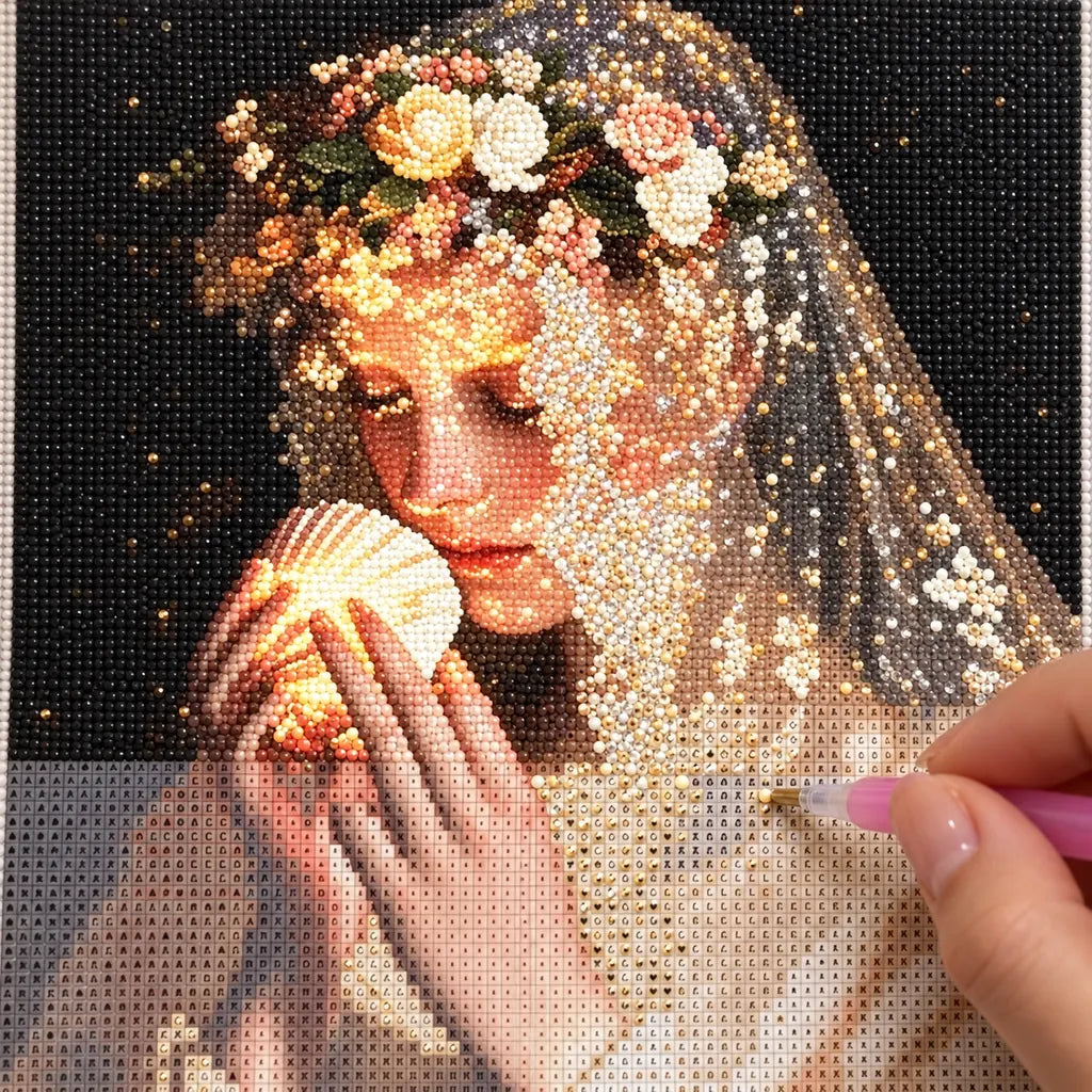 Diamond painting process for Veiled Glowing Shell, with drills being placed over a veiled woman holding a glowing shell decorated with flowers.