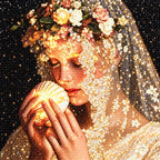Close-up of diamond drill texture across a veiled woman holding a glowing shell decorated with flowers.