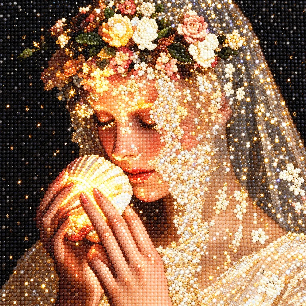 Close-up of diamond drill texture across a veiled woman holding a glowing shell decorated with flowers.