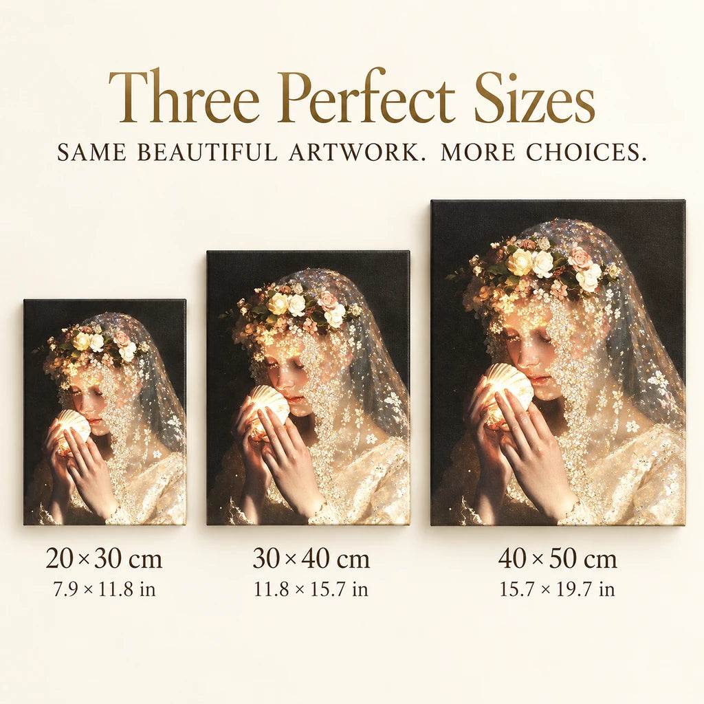 Size guide for Veiled Glowing Shell: 20 × 30 cm, 30 × 40 cm, and 40 × 50 cm.