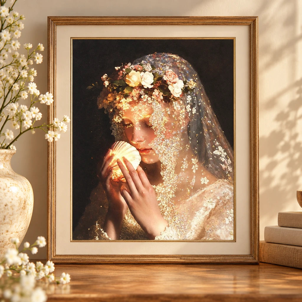 Home decor scene showing Veiled Glowing Shell artwork displayed on a wall.