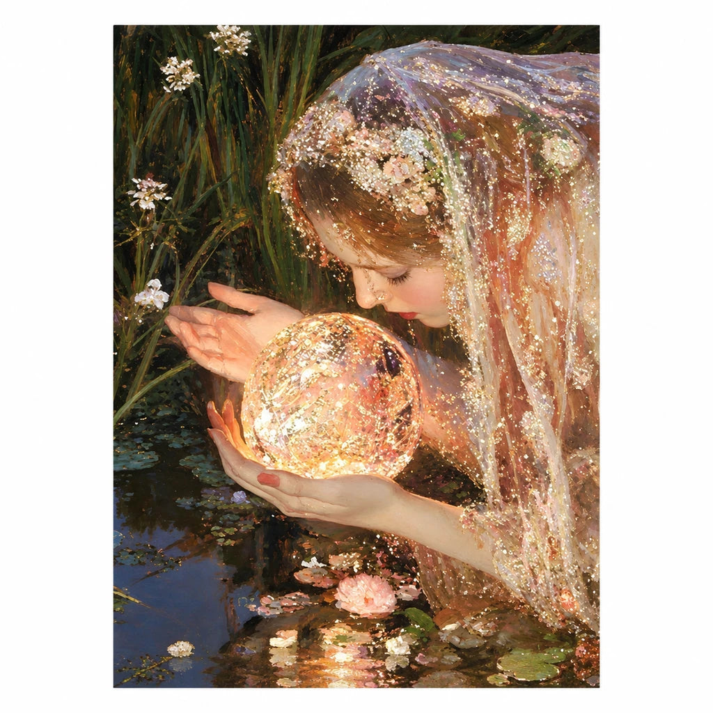Original artwork for Veiled Seer Crystal Orb Diamond Painting Kit, showing a mystical figure holding a crystal orb in a leafy, moonlit setting.
