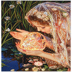 Finished diamond painting of a mystical figure holding a crystal orb in a leafy, moonlit setting.