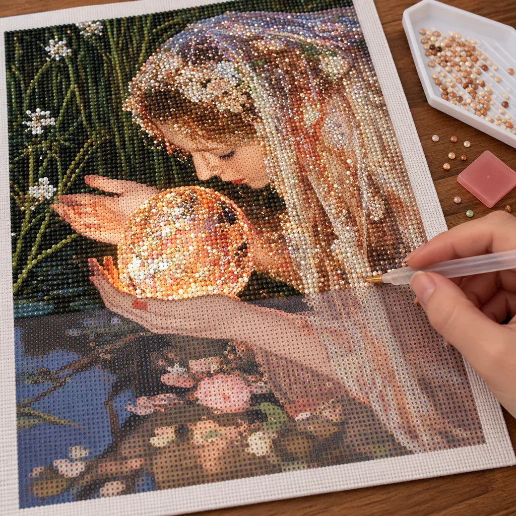 Diamond painting process for Veiled Seer Crystal Orb, with drills being placed over a mystical figure holding a crystal orb in a leafy, moonlit setting.